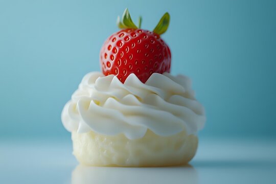 Fresh strawberry cupcake with swirled white frosting on blue background, perfect for dessert menu, bakery promotion, or food blog.