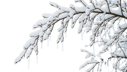 A delicate tree branch heavily coated in fresh white snow and frozen with clear icicles after a storm, isolated on a stark black background for a minimalist winter nature concept