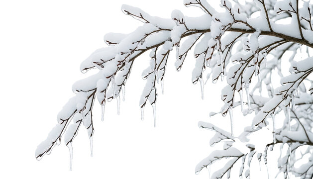 A delicate tree branch heavily coated in fresh white snow and frozen with clear icicles after a storm, isolated on a stark black background for a minimalist winter nature concept