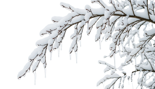 A delicate tree branch heavily coated in fresh white snow and frozen with clear icicles after a storm, isolated on a stark black background for a minimalist winter nature concept