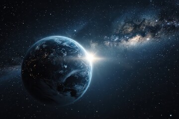 Obraz premium Blue Planet with City Lights at Sunrise Against Starry Galaxy Backdrop in Deep Space