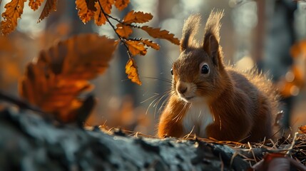 Red squirrel in autumn forest surrounded by golden oak leaves, sitting on forest floor with soft bokeh background. Perfect for seasonal nature themes.