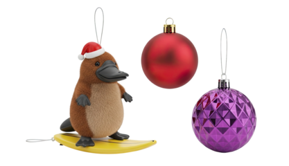 A whimsical collection of Christmas tree ornaments featuring a cute platypus in a Santa hat on a surfboard, alongside red and purple baubles, isolated on a black background