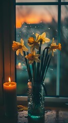 Yellow daffodils in blue glass vase on windowsill with burning candle at sunset, creating cozy atmospheric mood for home decor.