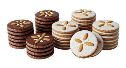 Stacks of delicious homemade gingerbread cookies with dark chocolate and white sugar icing, decorated with almond nuts in a flower pattern and isolated on a black background