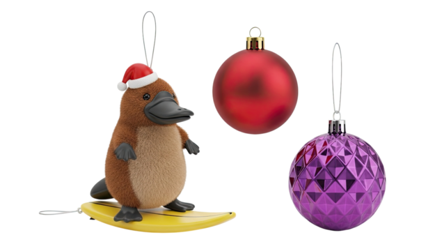 A whimsical collection of Christmas tree ornaments featuring a cute platypus in a Santa hat on a surfboard, alongside red and purple baubles, isolated on a black background