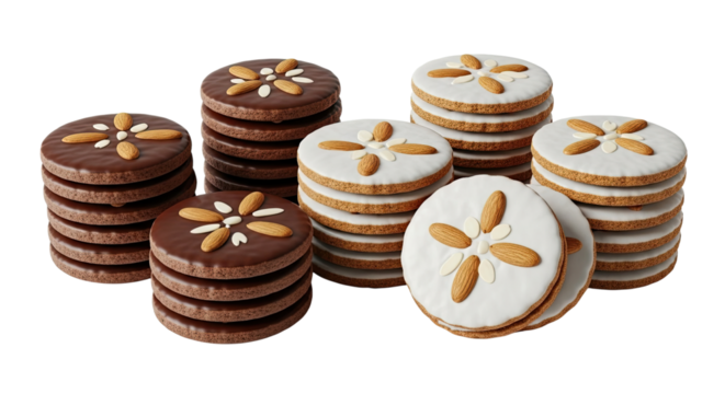 Stacks of delicious homemade gingerbread cookies with dark chocolate and white sugar icing, decorated with almond nuts in a flower pattern and isolated on a black background