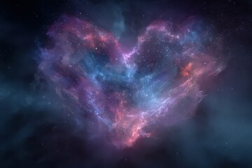 Fototapeta premium Cosmic Heart Nebula Shape Against Dark Blue Space Background with Stars and Ethereal Colors