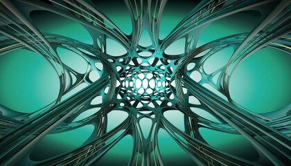 Futurystyczna tapeta z liniami zbiegającymi się na środku ilustracji. Ilustracja w kolorach zieleni.