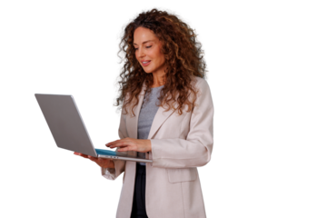 Woman businesswoman smiling working with laptop computer, professional female wearing blazer using technology, transparent background
