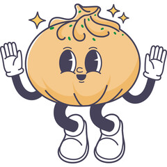 Animated Dumpling Character with Wide Eyes and Sparkles Celebrating with Arms Raised and Legs Bent
