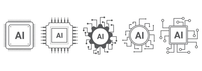 Artificial intelligence outline icons: AI neural brain, data algorithms, generative automation, cloud networks, circuits, collaboration, devices—clean technology vector, editable stroke