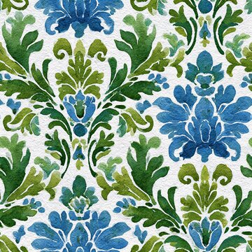 Vintage style watercolor damask seamless pattern with blue florets and green leaves. Botanical artwork for textile design.