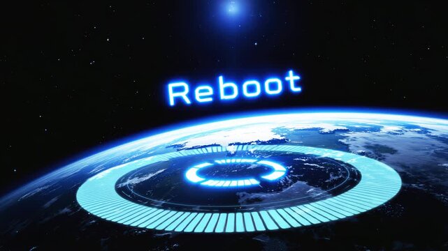 Earth with bright loading circle and floating Reboot text symbolizing planetary restoration