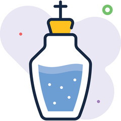 An artistic representation of a holy water font with a golden crown and cross on a purple abstract background with scattered colored dots