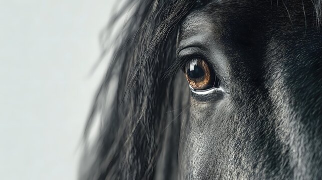 Close-up of black horse's eye and face profile against light background, showcasing the animal's gentle expression and detailed features.