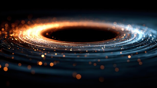 Glowing cosmic black hole with swirling orange and blue light particles against dark space background, creating dramatic celestial phenomenon.