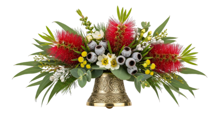 A festive floral arrangement of native red bottlebrush flowers, eucalyptus leaves, and gumnuts beautifully displayed in an ornate vintage brass bell against a solid black background