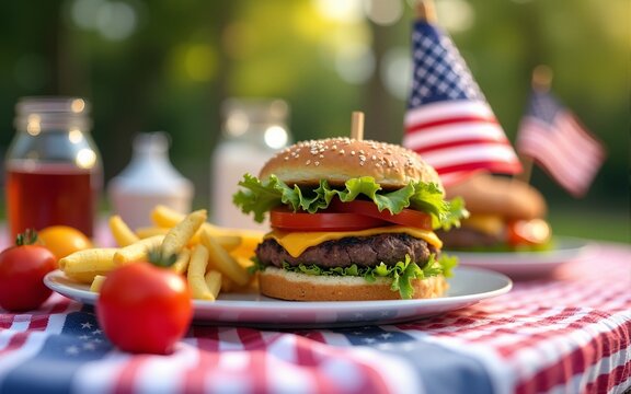Happy family Independence Day celebration backyard BBQ. Festive red white blue decorations set for summer holiday picnic party. Delicious burger, fresh tomatoes, American flag on table. Sunny outdoor