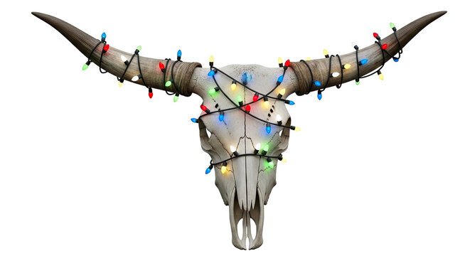 Symmetrical front view of a weathered bull skull decorated with a tangled garland of colorful, glowing Christmas lights, creating a unique holiday display on a black background