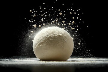 Fresh dough ball with flour explosion against black background, capturing dynamic baking moment for culinary content.
