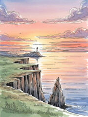 Coastal Cliffs and Lighthouse at Sunset Illustration