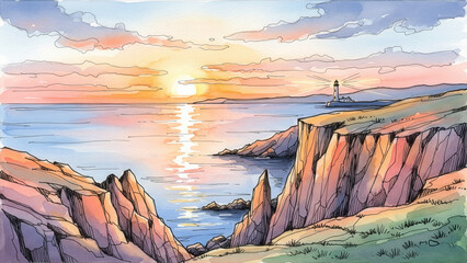 Watercolor Coastal Landscape with Lighthouse and Sunset