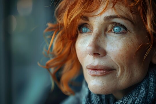 Close-up portrait of mature woman with vibrant red hair and striking blue eyes, wearing cozy scarf against blurred background.