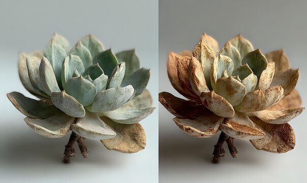 Succulent plant with rosette-shaped leaves in two color variations, green-blue and copper-brown tones, displayed on white background.