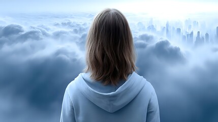 Young woman in blue hoodie looking at cityscape emerging from sea of clouds, concept of achievement, future vision, and urban dreaming.