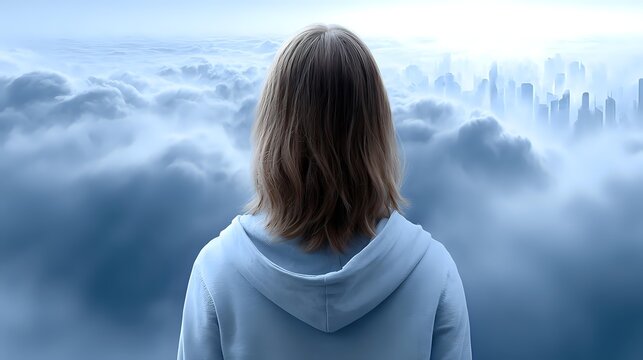 Young woman in blue hoodie looking at cityscape emerging from sea of clouds, concept of achievement, future vision, and urban dreaming.