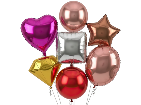 An elegant bouquet of colorful metallic foil balloons in heart, star, and diamond shapes, creating a festive decoration for a party or anniversary celebration on a black background