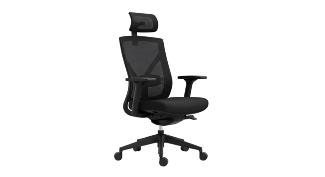 Ergonomic black mesh office chair, with adjustable headrest and armrests, PNG isolated on transparent background