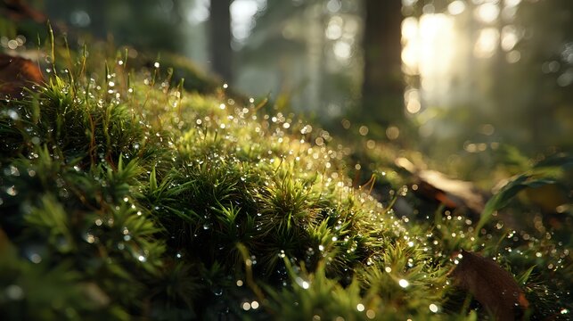 Lush green moss with morning dew drops glowing in golden sunlight filtering through misty forest, creating magical woodland atmosphere.