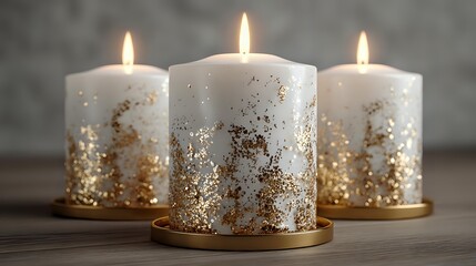 Three white pillar candles adorned with gold glitter flakes burning on golden holders against a neutral gray background.