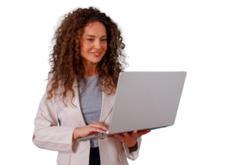 Businesswoman with curly hair smiling and standing, working on laptop, managing business, looking at screen, transparent background