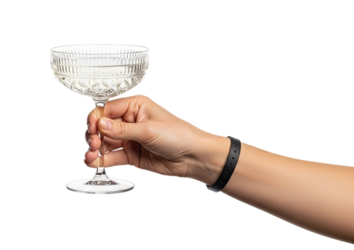 A woman's hand holding a vintage crystal coupe glass filled with sparkling champagne, making a toast during an elegant celebration against a clean black background