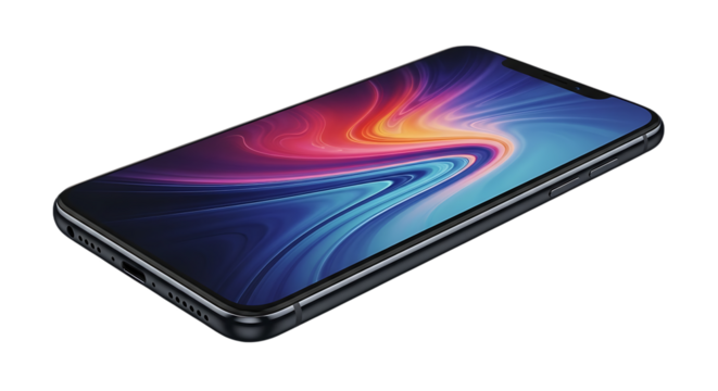 Sleek dark grey smartphone, displaying a vibrant abstract wallpaper with swirling colors, PNG isolated on transparent background