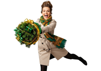 A joyful and stylishly dressed woman in a trench coat and scarf dynamically presents a festive Christmas bouquet with a gift, smiling excitedly at the camera on a black background