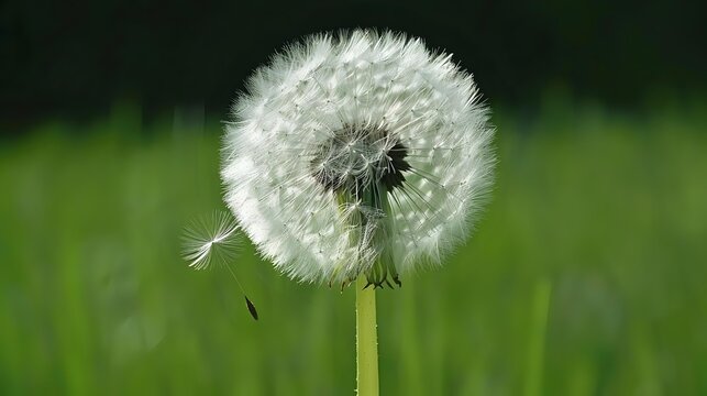 Delicate dandelion seed head with fluffy white parachutes against vibrant green grass background, one seed breaking free in the breeze.