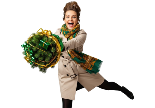A joyful and stylishly dressed woman in a trench coat and scarf dynamically presents a festive Christmas bouquet with a gift, smiling excitedly at the camera on a black background