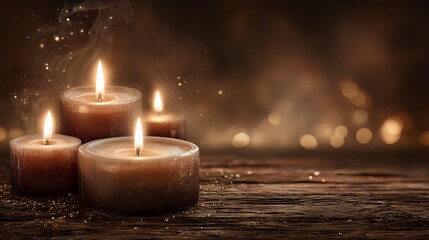 Glowing candles on rustic wooden surface with warm bokeh background creating cozy atmosphere for meditation, relaxation or holiday celebration.