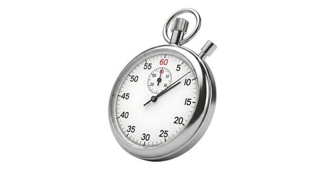 Silver Stopwatch, with White Face and Black Hands Showing Time, PNG isolated on transparent background measurement