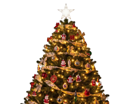 A beautifully decorated Christmas tree glows with warm lights, festive ornaments, and elegant ribbons, topped with a shining star and isolated against a dark black background