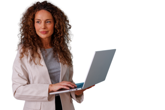 Confident businesswoman using laptop, working in corporate environment, standing and typing on transparent background