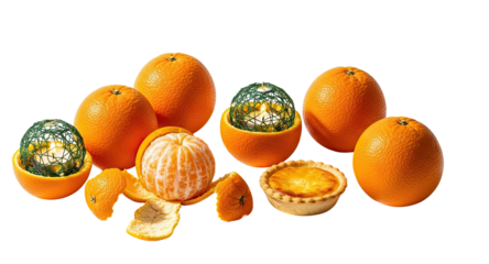 A festive still life composition with fresh oranges, a peeled tangerine, a small pastry tart, and handmade candles glowing inside orange peels on a black background