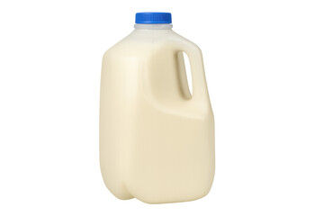 Fresh whole milk in a transparent plastic gallon jug with blue cap for dairy beverage in grocery shopping