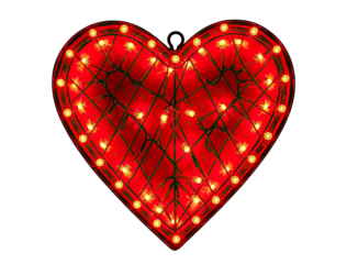 An illuminated red heart-shaped decoration with a grid of warm glowing light bulbs shines brightly against a solid black background, symbolizing love and romance