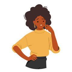 Trendy fashion lady cartoon character having dilemma feeling confused in uncertainty and indecision