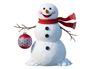A joyful and cute cartoon snowman character wearing a warm red scarf and holding a decorative bauble, a festive winter illustration isolated on a plain black backdrop